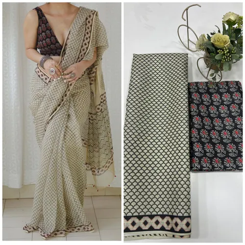 Soft Munga Kota Cotton Checks Saree with Beautiful Prints & Contrast Blouse